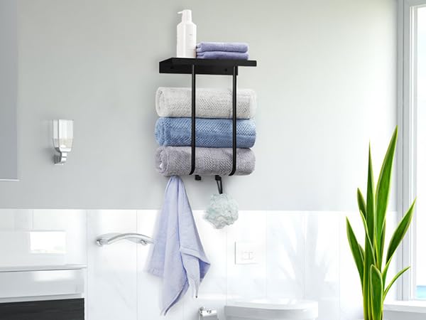 Towel Racks for Bathroom Wall Mounted, MOOACE 2 Bar Adhesive Rolled Towel Storage Holders with Metal Shelf,Metal Bathroom Organizer for Folded Towel - Black