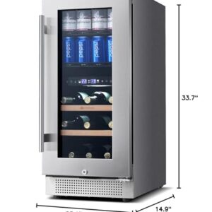 WINEBOSS 15 Inch Wine and Beverage Refrigerator, 13 Bottle & 48 Cans Dual Zone Built-in Under Counter Cooler Freestanding Cellars Fridge with Upgrade Compressor Tempered Glass Door Lock, Small Chiller