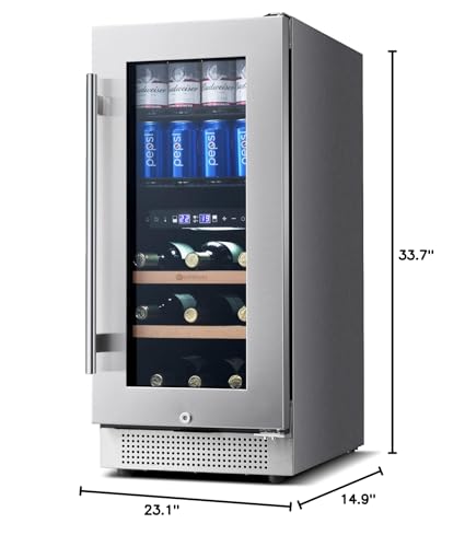 WINEBOSS 15 Inch Wine and Beverage Refrigerator, 13 Bottle & 48 Cans Dual Zone Built-in Under Counter Cooler Freestanding Cellars Fridge with Upgrade Compressor Tempered Glass Door Lock, Small Chiller