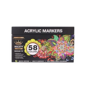 NICETY 58 Colors Acrylic Paint Pens Paint Markers, 3mm Medium Tip Point Acrylic Paint Pens for Rock Painting, Canvas, Wood, Ceramic, Glass, Stone, Fabric, DIY Crafts & Art Supplies