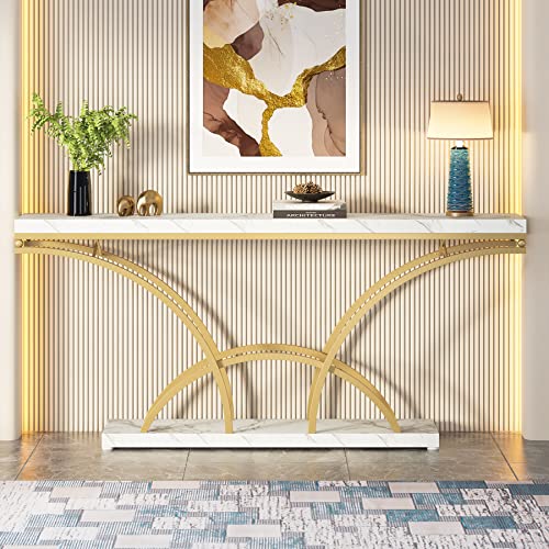 LITTLE TREE Faux Marble Console Sofa Table with Gold Half-Moon Legs,Mid-Century Modern Accent Tables for Entryway, Living Room