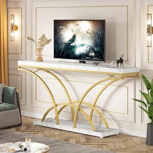 LITTLE TREE Faux Marble Console Sofa Table with Gold Half-Moon Legs,Mid-Century Modern Accent Tables for Entryway, Living Room