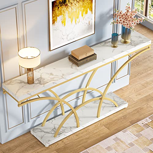 LITTLE TREE Faux Marble Console Sofa Table with Gold Half-Moon Legs,Mid-Century Modern Accent Tables for Entryway, Living Room