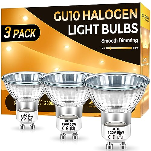 DORESshop GU10 Bulb, Halogen 120V 50W, Dimmable, GU10 Light Bulb for Track&Recessed Lighting, Gu10 Base Bulb, 50W, Warm White,3 Pack