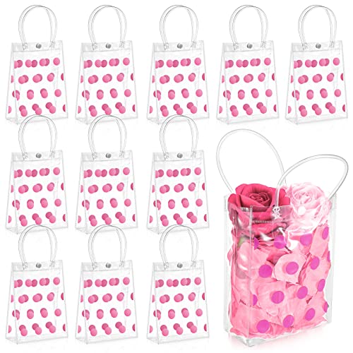 Silkfly 24 Pcs Clear Gift Bag with Handles Wedding Reusable Plastic Small Gift Bag with Polka Dot PVC Gift Wrap Bag for Party Favor Christmas Wedding Birthday(5.9 x 7.9 x 2.8 Inch,Pink)