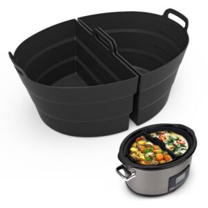 chefaid slow cooker divider liners with handle, 100% silicone reusable slow cooker liners compatible with 6-8 quart oval or round slow cooker, fits 7 quart crockpot liners (black, 2 pack)