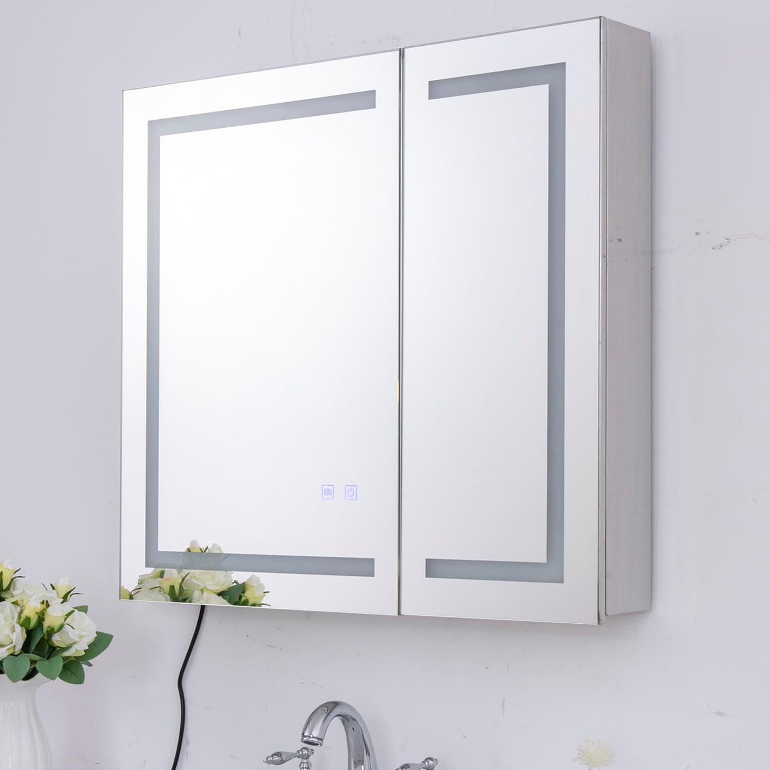 Chende 30x32 Medicine Cabinet with Lights, Stainless Steel LED Medicine Cabinet for Bathroom, Anti-Fog Lighted Medicine Cabinet with 2 Mirror Doors, Dimmer, Interior Lights