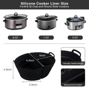 ChefAid Slow Cooker Divider Liners with Handle, 100% Silicone Reusable Slow Cooker Liners Compatible with 6-8 Quart Oval or Round Slow Cooker, Fits 7 Quart Crockpot Liners (Black, 2 Pack)