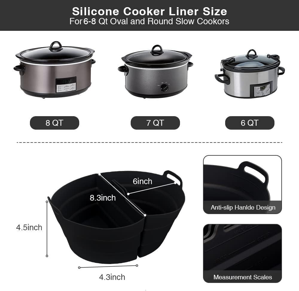 ChefAid Slow Cooker Divider Liners with Handle, 100% Silicone Reusable Slow Cooker Liners Compatible with 6-8 Quart Oval or Round Slow Cooker, Fits 7 Quart Crockpot Liners (Black, 2 Pack)