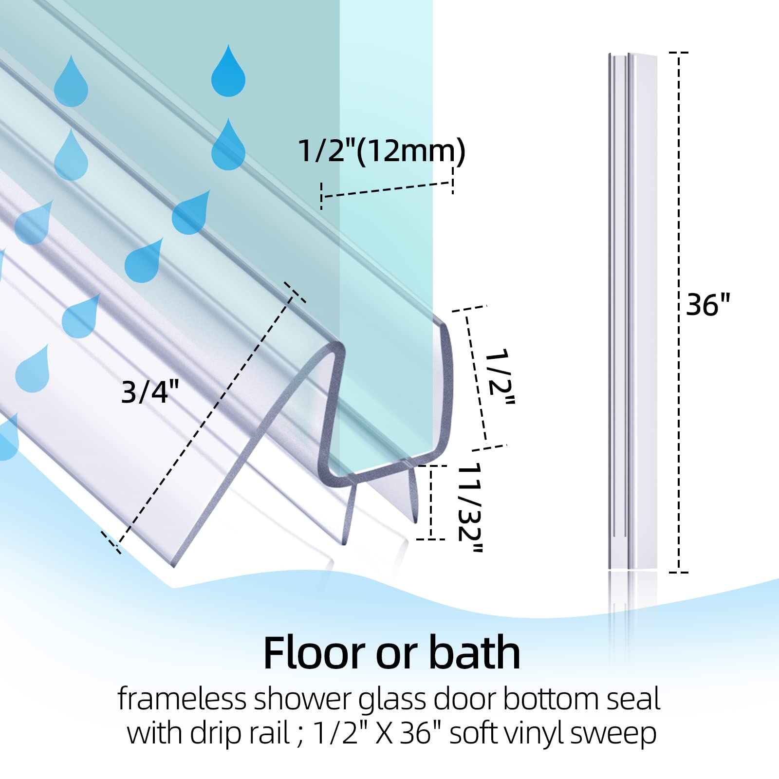 1 Pack Shower Door Bottom Seal POZIA-36(914mm) Long,1/2"(12mm) Thick,Frameless Glass Shower Door Seal Strip Clear Polycarbonate Durable Stop Shower Leaks and Create a Water Barrier Ultra Clear