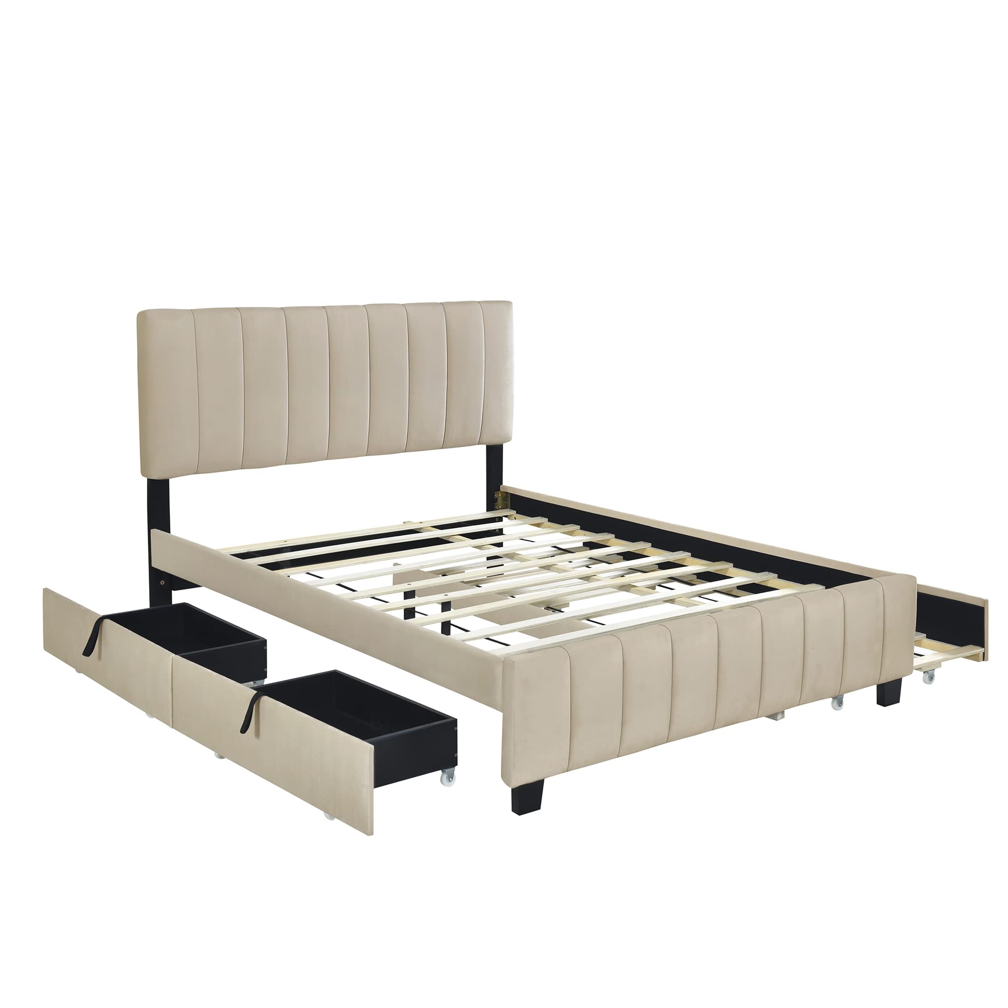 MERITLINE Velvet Queen Size Platform Bed with 2 Drawers and 1 Twin XL Trundle, Upholstered Queen Bed Frame with Storage and Headboard for Bedroom, No Box Spring Needed (Beige)