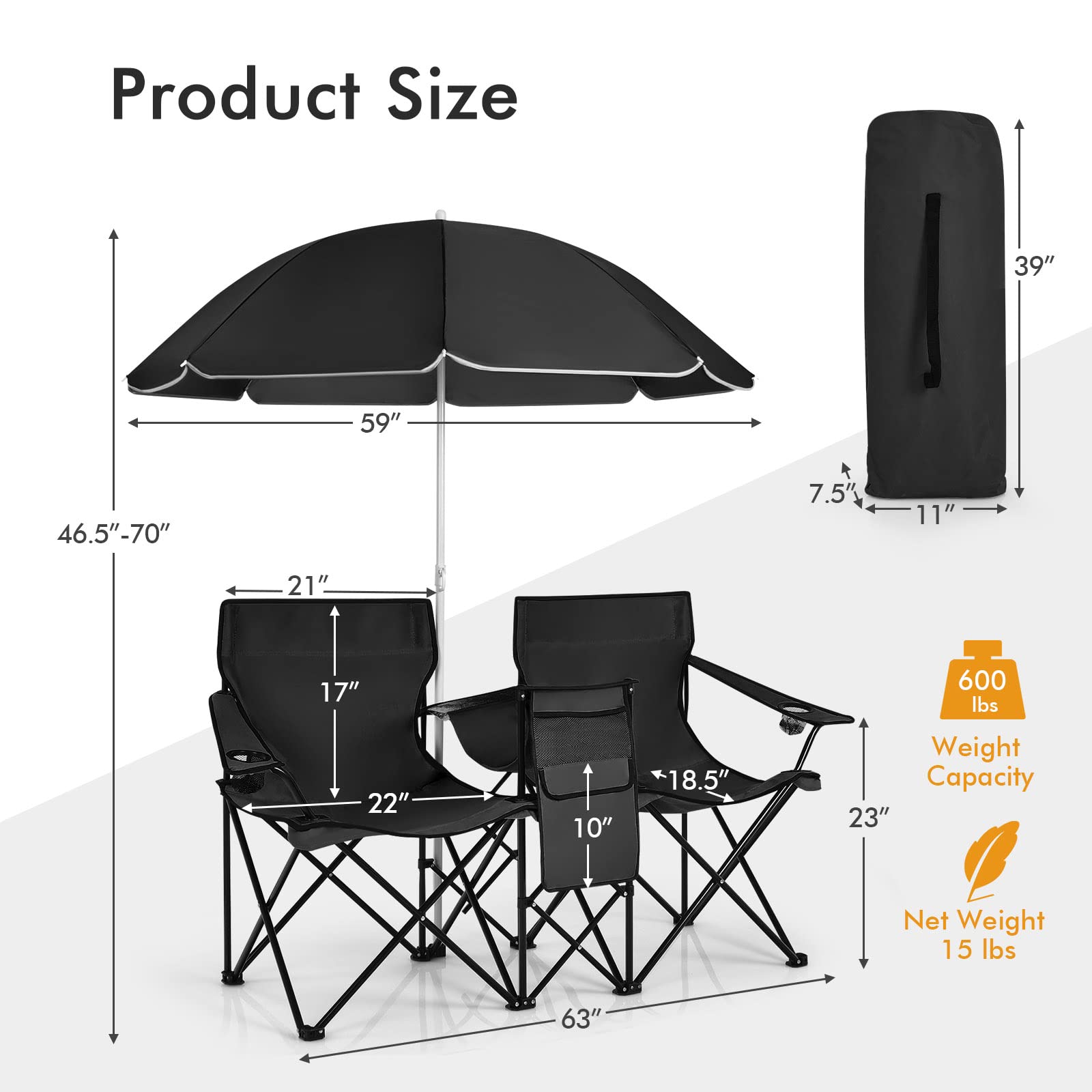 Double Portable Picnic Chairs, Black