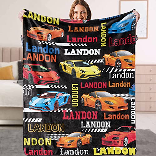 Personalized Race Car Blanket with Name for Boys Kids Custom Crazy Red Blue Racing Sportcar Throw Blankets Customized Speed Racer Warm Soft Flannel Fleece Sofa Blanket Gifts Decor, 40"x50"