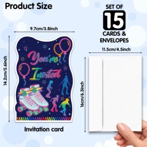 RZHV 15 Pack Roller Skating Shaped Fill-In Party Invitations Cards With Envelopes for Boys & Girls Teens Adults, Funny Sports Party Baby Shower Birthday Party Invite (Let's Roll)