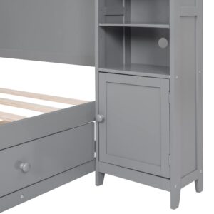 Harper & Bright Designs Full Storage Bed with Bookcase Headboard, Full Size Platform Bed with 4 Storage Drawers, Solid Wood Full Bed Frame with Cabinet and Shelf, No Box Spring Needed (Gray)