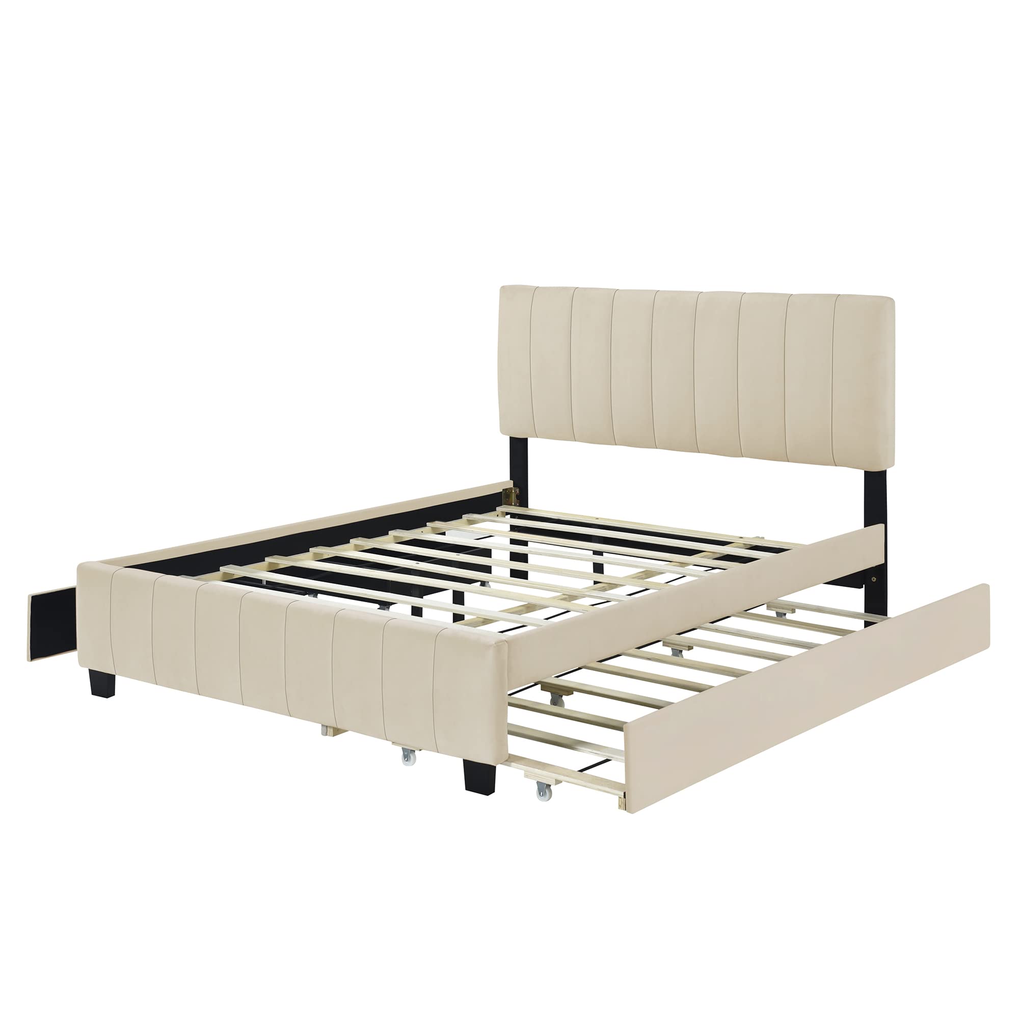 MERITLINE Velvet Queen Size Platform Bed with 2 Drawers and 1 Twin XL Trundle, Upholstered Queen Bed Frame with Storage and Headboard for Bedroom, No Box Spring Needed (Beige)