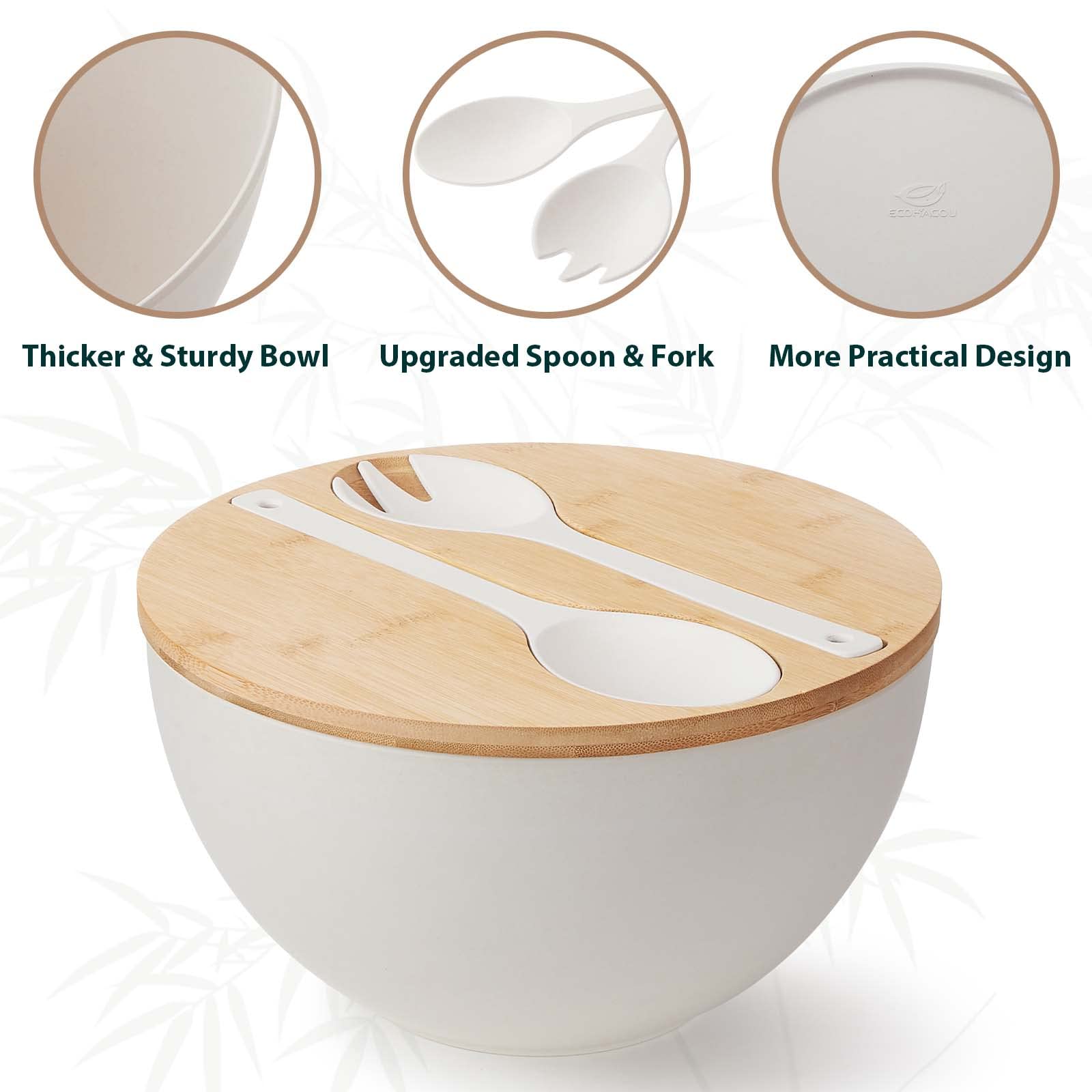 ECOHAGOU 11.3" Extra Large Salad Serving Bowl Set with Wooden Lid&Utensils, 6.5Qt., Bamboo Fiber Salad Bowl with Servers for Kitchen, Lightweight Big Bowl for Mixing Salad,Fruit,Pasta - Matte White