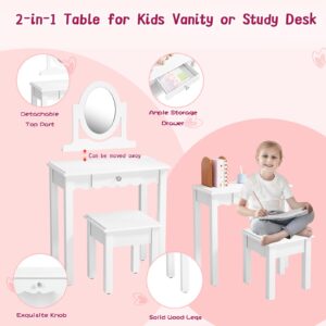 Kids Vanity - Little Girls Vanity Set with Mirror and Stool, Wooden 2 in 1 Toddler Vanity Makeup Desk Dressing Table with Detachable Top & Drawer, Princess Vanity Dresser Set for Little Girls, White