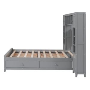 Harper & Bright Designs Full Storage Bed with Bookcase Headboard, Full Size Platform Bed with 4 Storage Drawers, Solid Wood Full Bed Frame with Cabinet and Shelf, No Box Spring Needed (Gray)