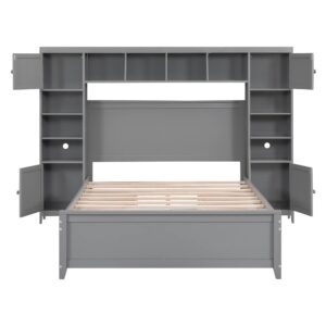 Harper & Bright Designs Full Storage Bed with Bookcase Headboard, Full Size Platform Bed with 4 Storage Drawers, Solid Wood Full Bed Frame with Cabinet and Shelf, No Box Spring Needed (Gray)