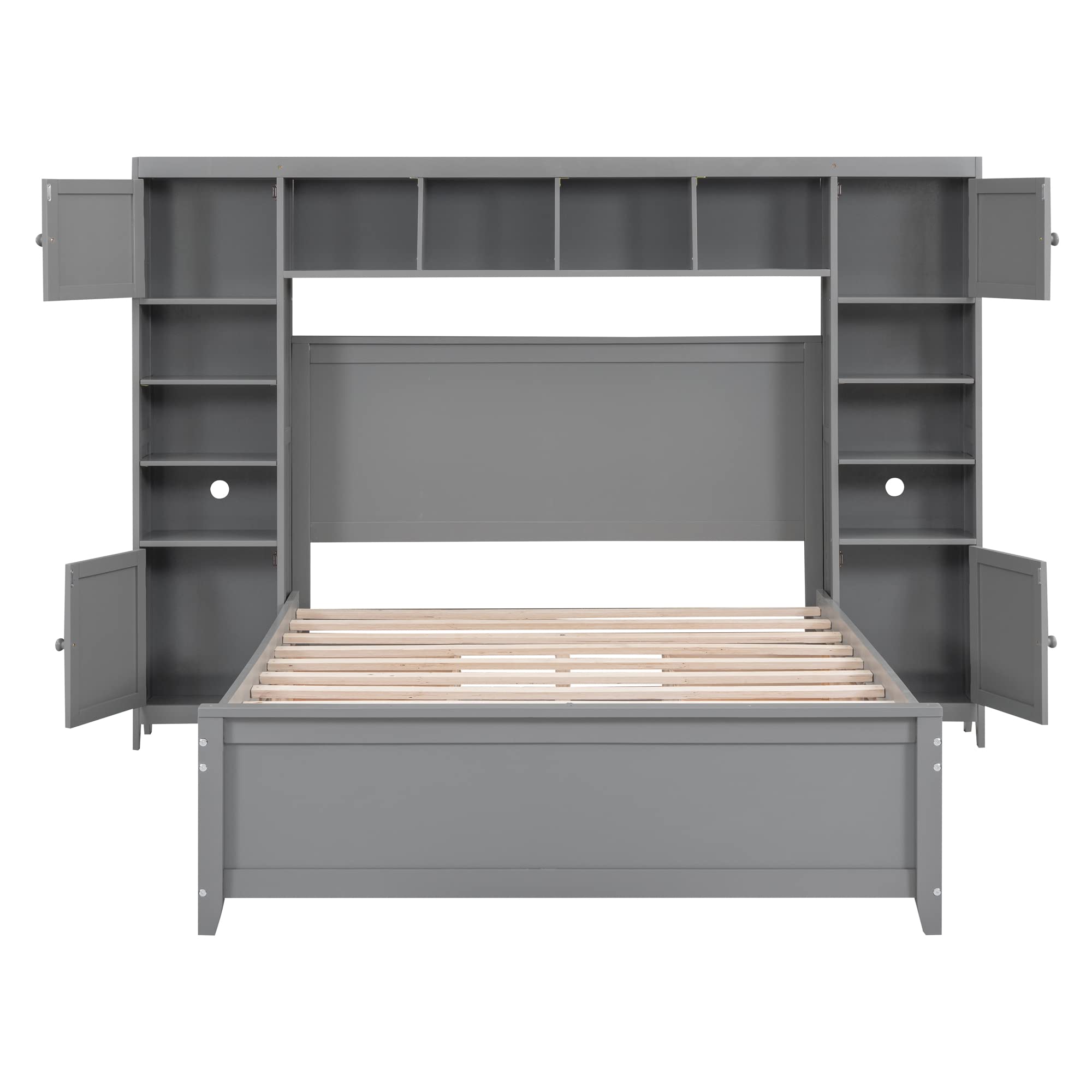 Harper & Bright Designs Full Storage Bed with Bookcase Headboard, Full Size Platform Bed with 4 Storage Drawers, Solid Wood Full Bed Frame with Cabinet and Shelf, No Box Spring Needed (Gray)