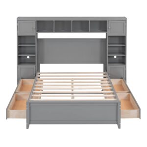 Harper & Bright Designs Full Storage Bed with Bookcase Headboard, Full Size Platform Bed with 4 Storage Drawers, Solid Wood Full Bed Frame with Cabinet and Shelf, No Box Spring Needed (Gray)