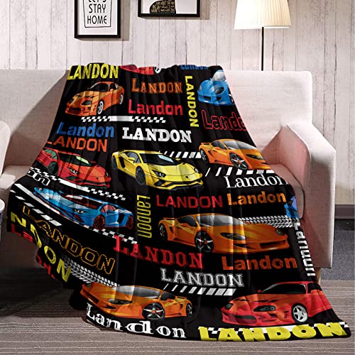 Personalized Race Car Blanket with Name for Boys Kids Custom Crazy Red Blue Racing Sportcar Throw Blankets Customized Speed Racer Warm Soft Flannel Fleece Sofa Blanket Gifts Decor, 40"x50"