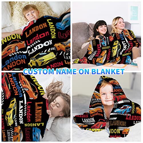 Personalized Race Car Blanket with Name for Boys Kids Custom Crazy Red Blue Racing Sportcar Throw Blankets Customized Speed Racer Warm Soft Flannel Fleece Sofa Blanket Gifts Decor, 40"x50"