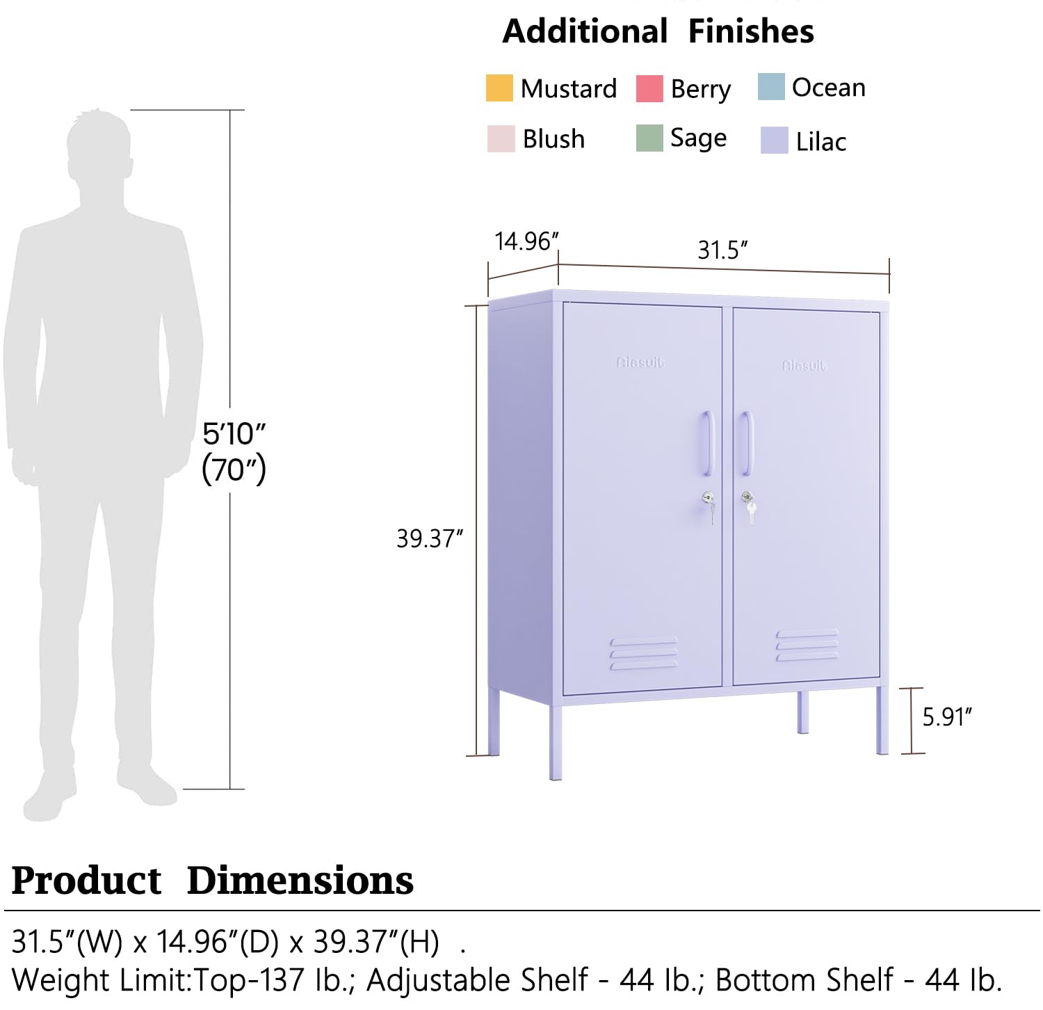 Aiasuit 2 Doors Lockable Metal Storage Cabinet 3 Tiers Shelf Multifunctional Storage Organizer Detachable Shelves Easy to Assemble Purple Size: 39.37”H x 31.5”W x 14.96”D