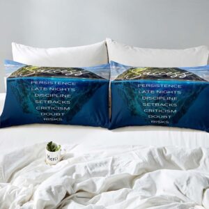 LUVIVIHOME 3PCS Blue Duvet Cover Queen Bedding, Success Motivational Positive Quotes Mountain Blue Ocean Comforter Quilt Cover, College Dorm Decor, Graduation Gifts, Inspirational Gifts 2 Pillow Shams