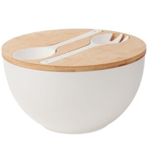 ecohagou 11.3" extra large salad serving bowl set with wooden lid&utensils, 6.5qt., bamboo fiber salad bowl with servers for kitchen, lightweight big bowl for mixing salad,fruit,pasta - matte white