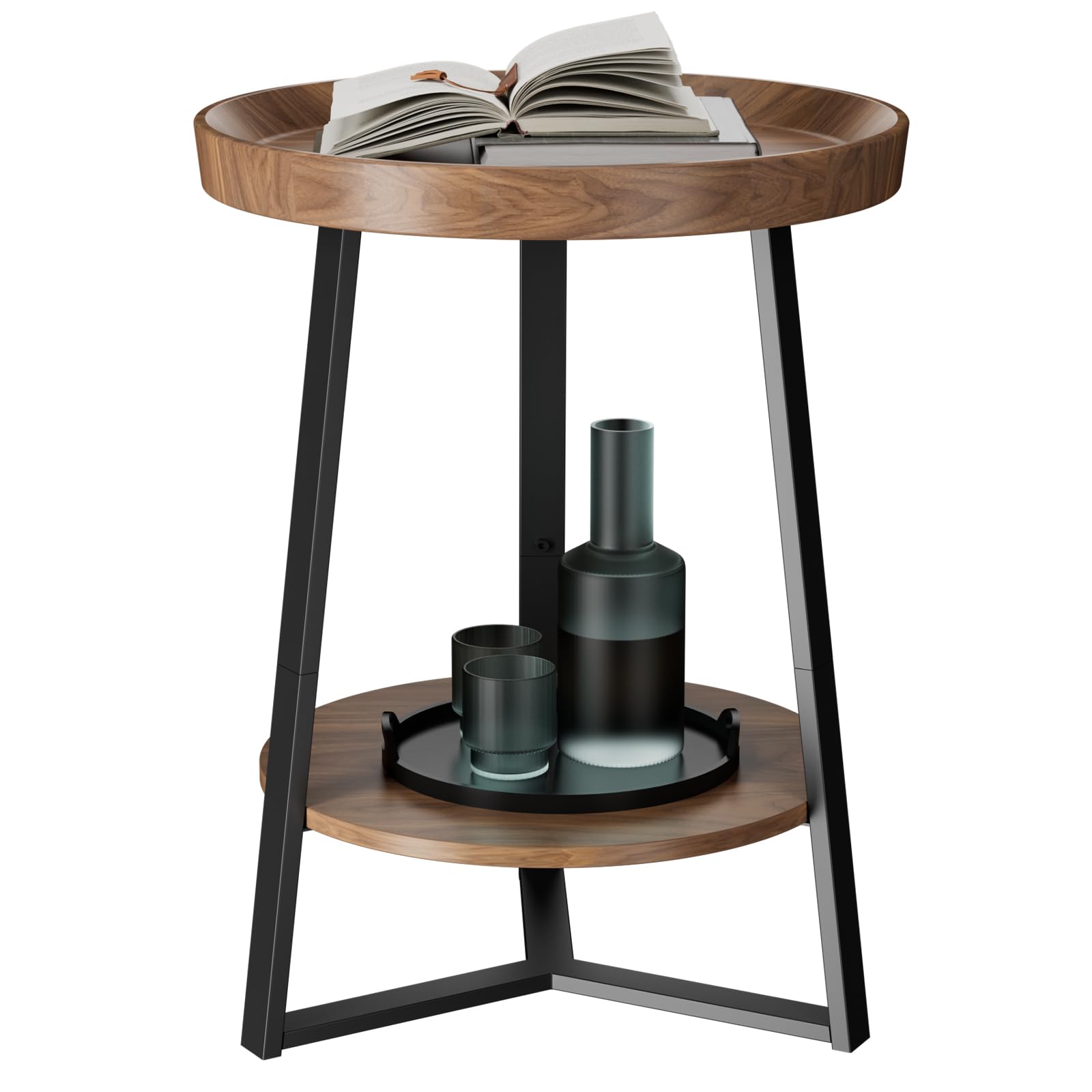 Gadroad Round End Table with Storage Shelf, 2 Tier Farmhouse Side Table Nightstand for Living Room, Bedroom, Wood Tabletop & Black Metal Frame, Brown 15.7 * 15.7 * 23.6inches