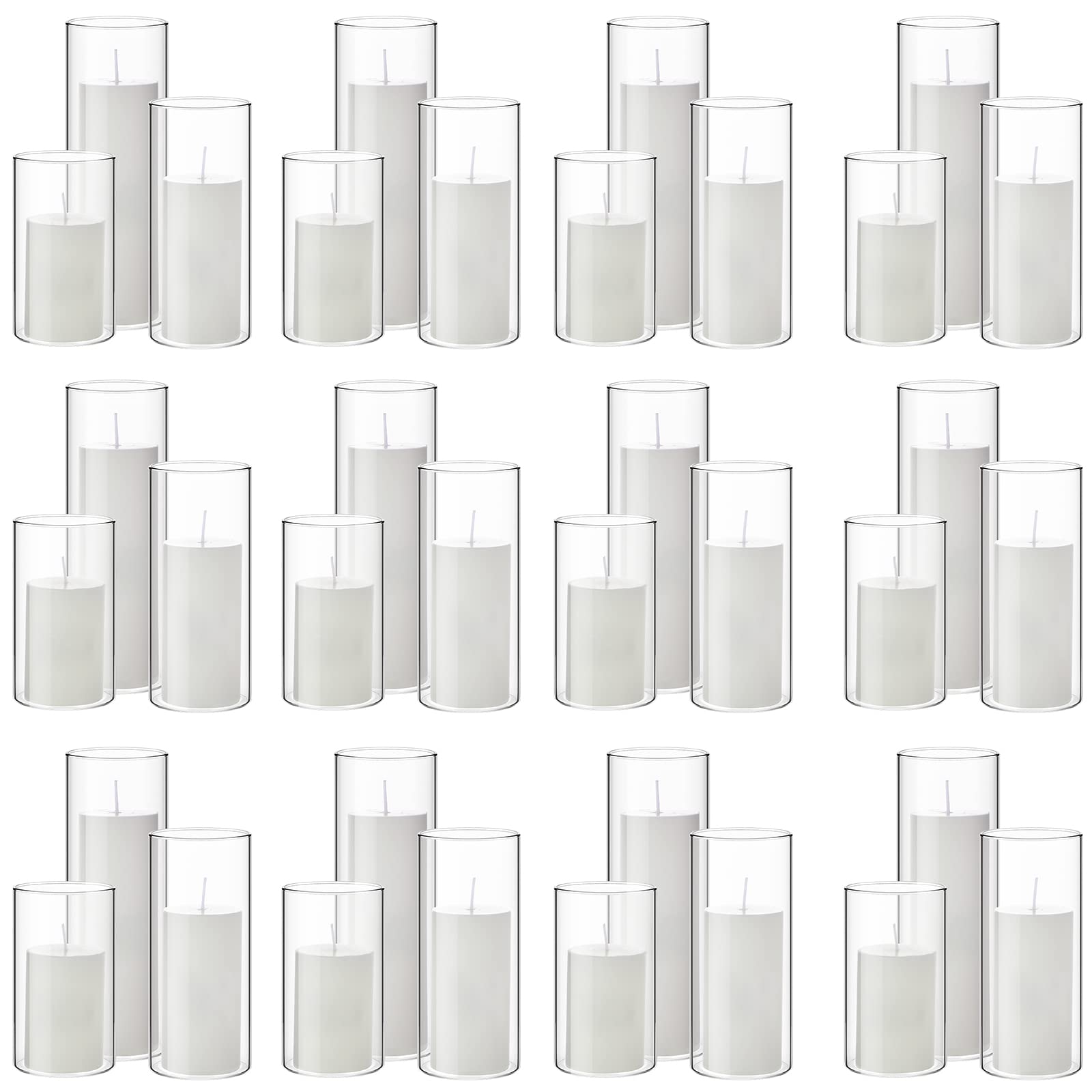 Shihanee Set of 36 Pillar Candles and Glass Cylinder Vases Clear Cylinder Candle Holders for Slim Pillar Candles Wedding Centerpieces (White,2.6'' X 4.7'', 5.9'', 7.9'')