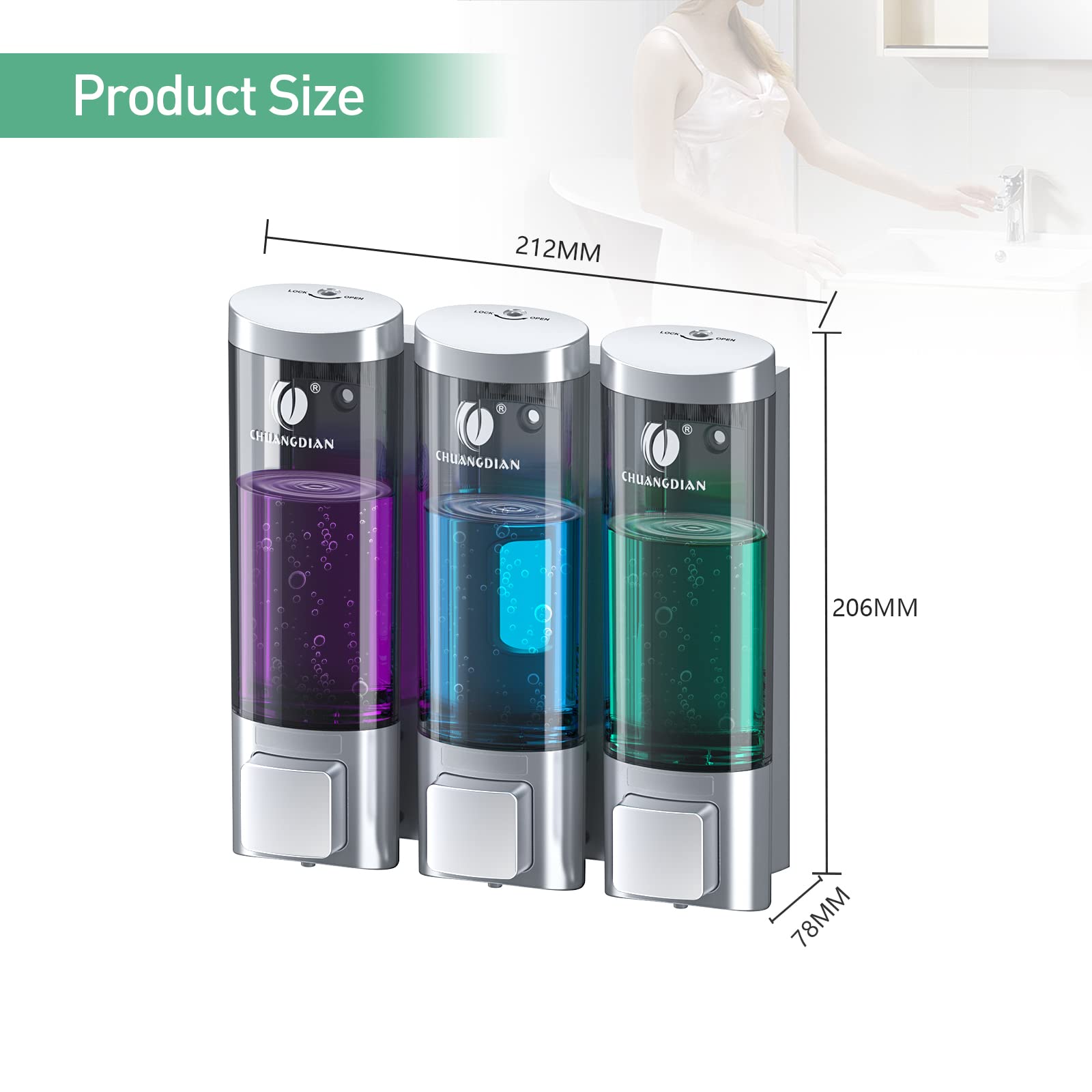 Shampoo and Conditioner Dispenser Wall Mounted Shower Shampoo Dispenser 3 Chamber No Drill Body Wash Soap Dispenser Bathroom 200mlx3 Silver