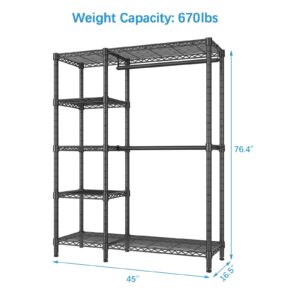 VIPEK V7 Basic Garment Rack for Hanging Clothes Heavy Duty Clothes Rack with Shelves, Portable Closet Rack Metal Clothing Rack 5 Tiers Freestanding Closet Wardrobe System, Max Load 670lbs, Black