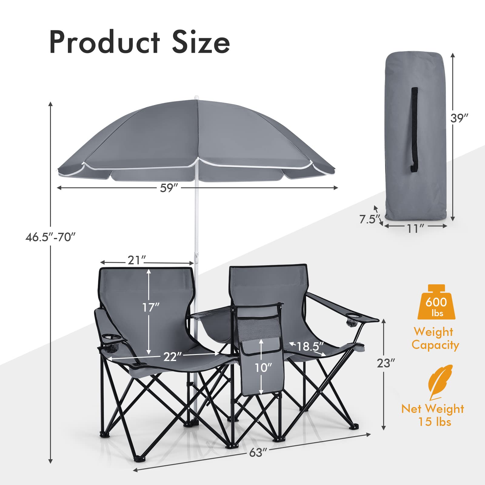 OP70621GR Double Portable Picnic Chairs, Grey