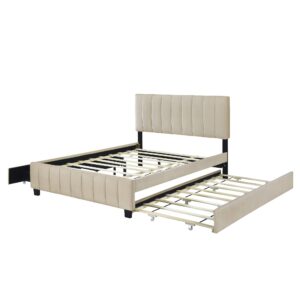 MERITLINE Velvet Queen Size Platform Bed with 2 Drawers and 1 Twin XL Trundle, Upholstered Queen Bed Frame with Storage and Headboard for Bedroom, No Box Spring Needed (Beige)