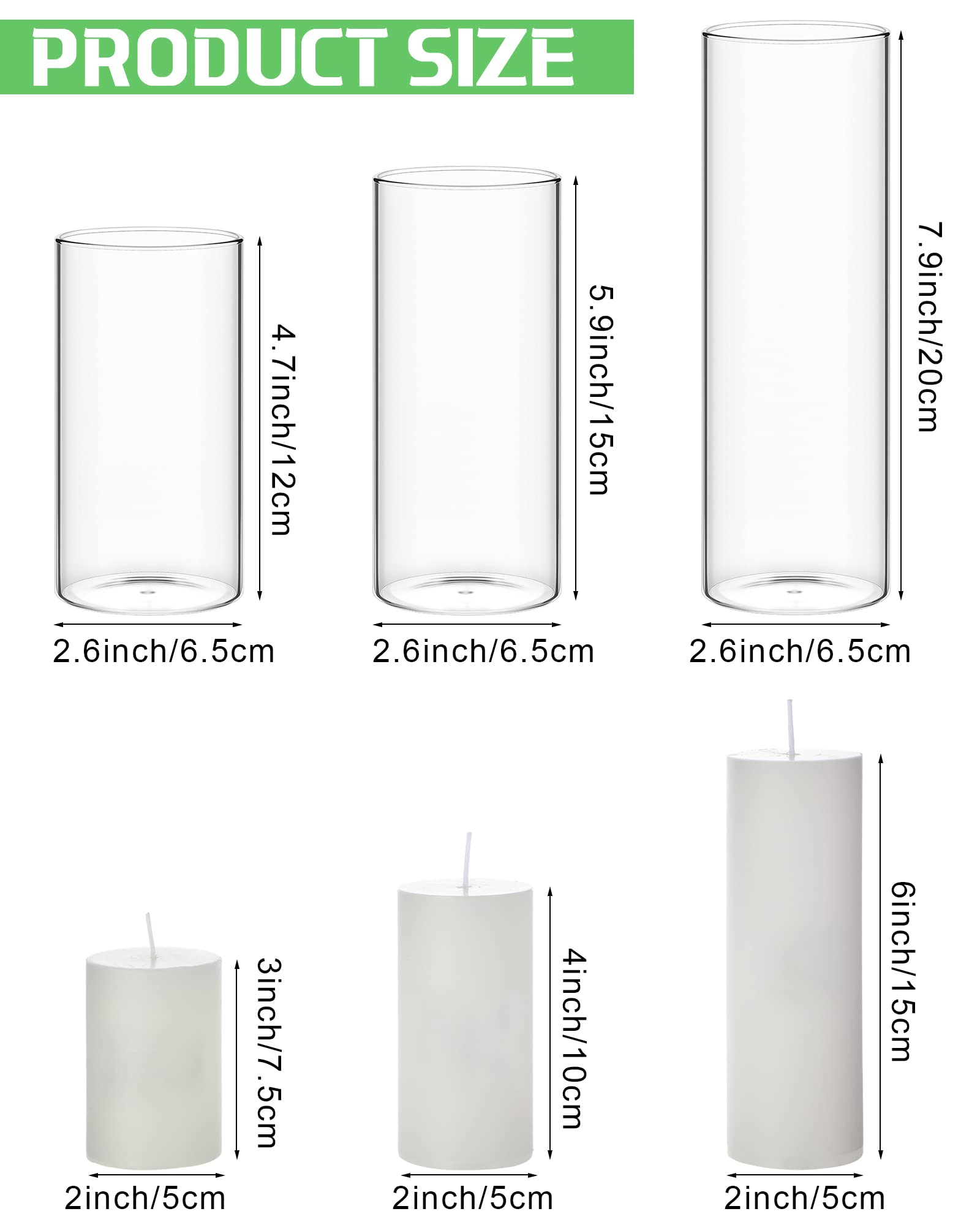 Shihanee Set of 12 Pillar Candles and Glass Cylinder Vases Clear Cylinder Candle Holders for Slim Pillar Candles Wedding Centerpieces (White, 2.6'' X 4.7'', 5.9'', 7.9'')