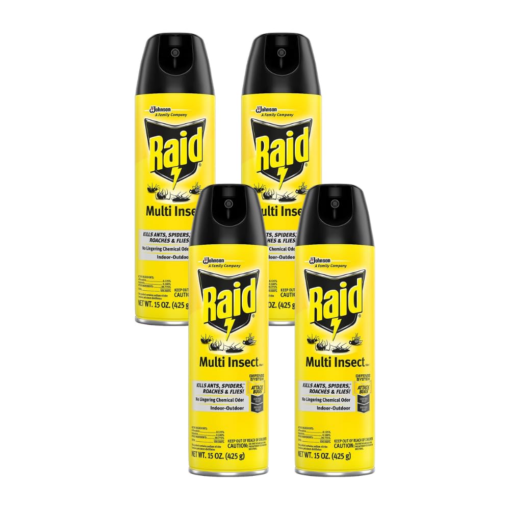 Raid Multi Insect Killer, Kills Ants, Spiders, Roaches and Flies, for Indoor and Outdoor use, 15 Oz (Pack of 4)