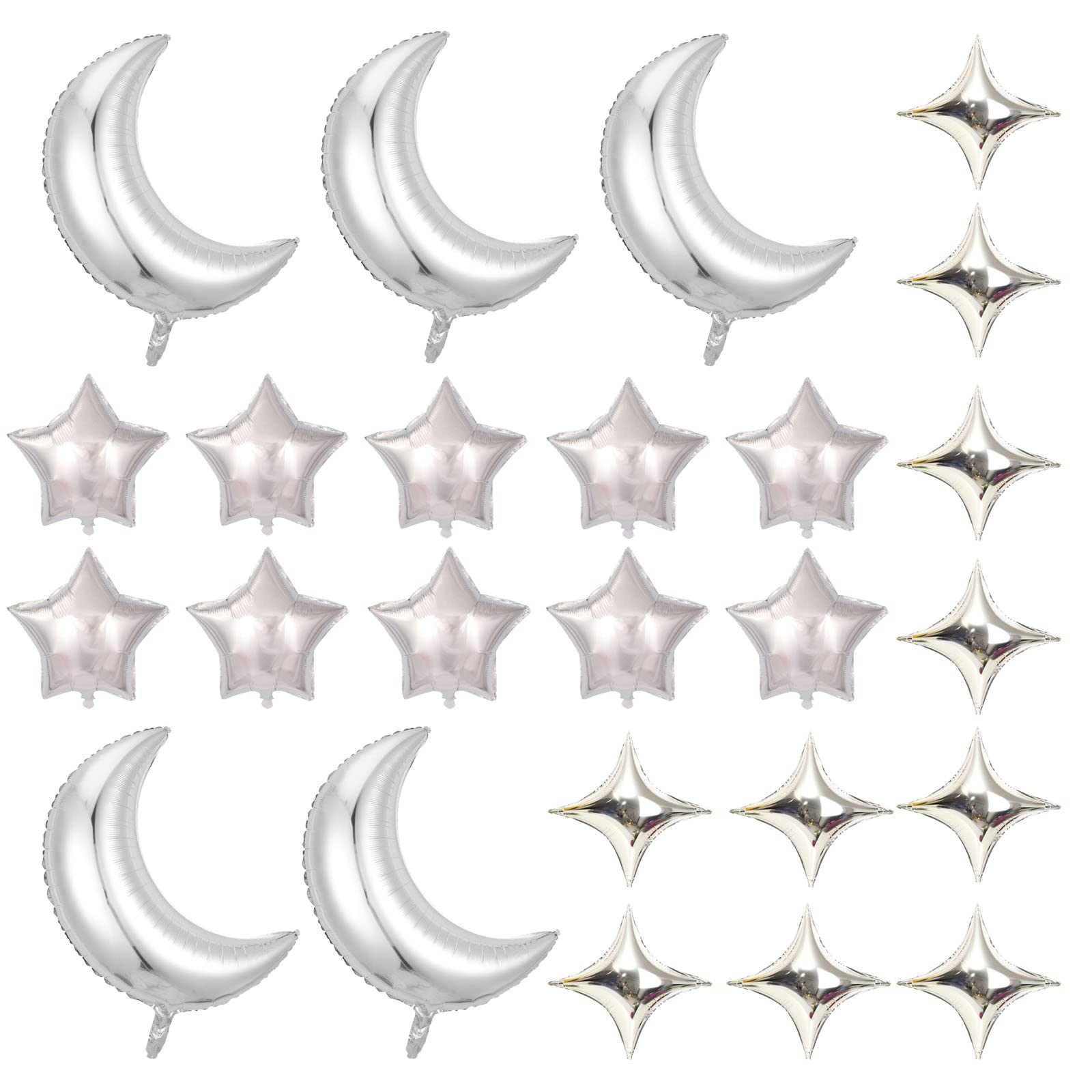 GLASNES 25Pcs Moon Star Shape Foil Balloons Set with 5 Pcs 28 Inch Large Moon Foil Balloons and 20 Foil Star Balloons for Wedding Baby Shower Birthday Graduation Anniversary Party (silver)