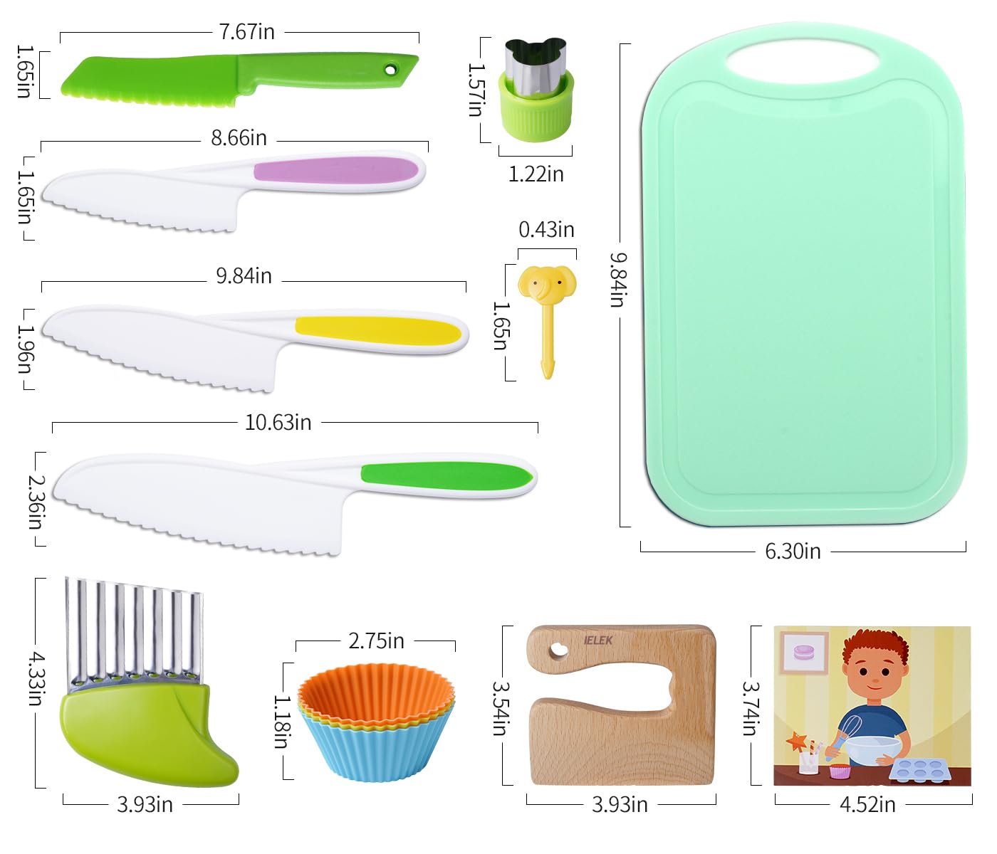 Kids Knives Set for Real Cooking - Toddler Knife Set with Cutting Board, Kids Safe Knife, Peeler, Plastic Potato Slicers, Fruit Cutters and Fork Picks for Kitchen