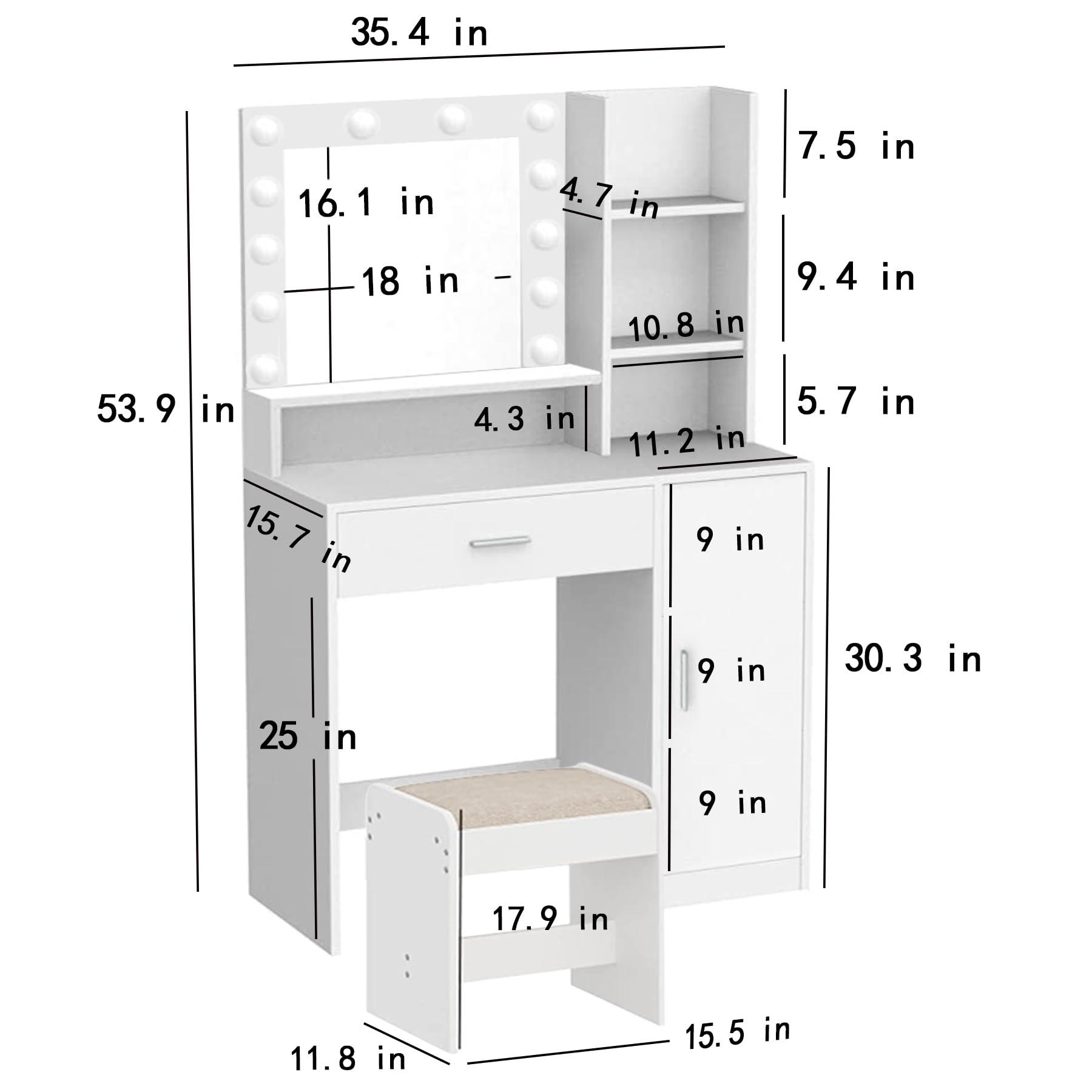 Palimder Vanity Desk with Mirror & Light, Large Drawer Three Level Storage Dresser, 3 Lighting Modes Adjustable Brightness, Bedroom Dressing Table (White Stool)