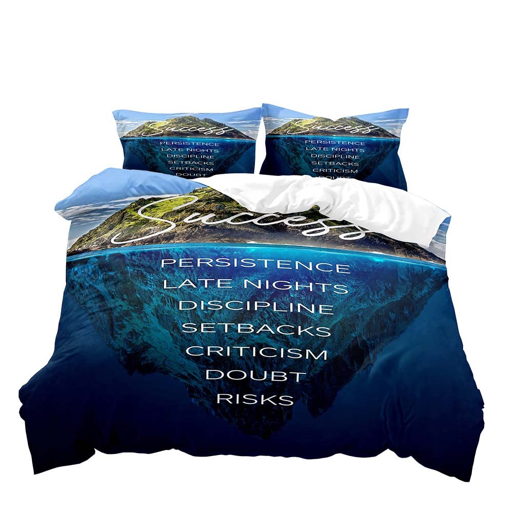 LUVIVIHOME 3PCS Blue Duvet Cover Queen Bedding, Success Motivational Positive Quotes Mountain Blue Ocean Comforter Quilt Cover, College Dorm Decor, Graduation Gifts, Inspirational Gifts 2 Pillow Shams