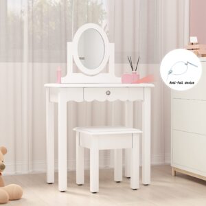 Kids Vanity - Little Girls Vanity Set with Mirror and Stool, Wooden 2 in 1 Toddler Vanity Makeup Desk Dressing Table with Detachable Top & Drawer, Princess Vanity Dresser Set for Little Girls, White