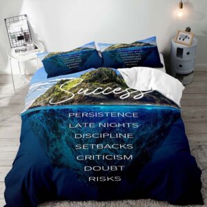 LUVIVIHOME 3PCS Blue Duvet Cover Queen Bedding, Success Motivational Positive Quotes Mountain Blue Ocean Comforter Quilt Cover, College Dorm Decor, Graduation Gifts, Inspirational Gifts 2 Pillow Shams