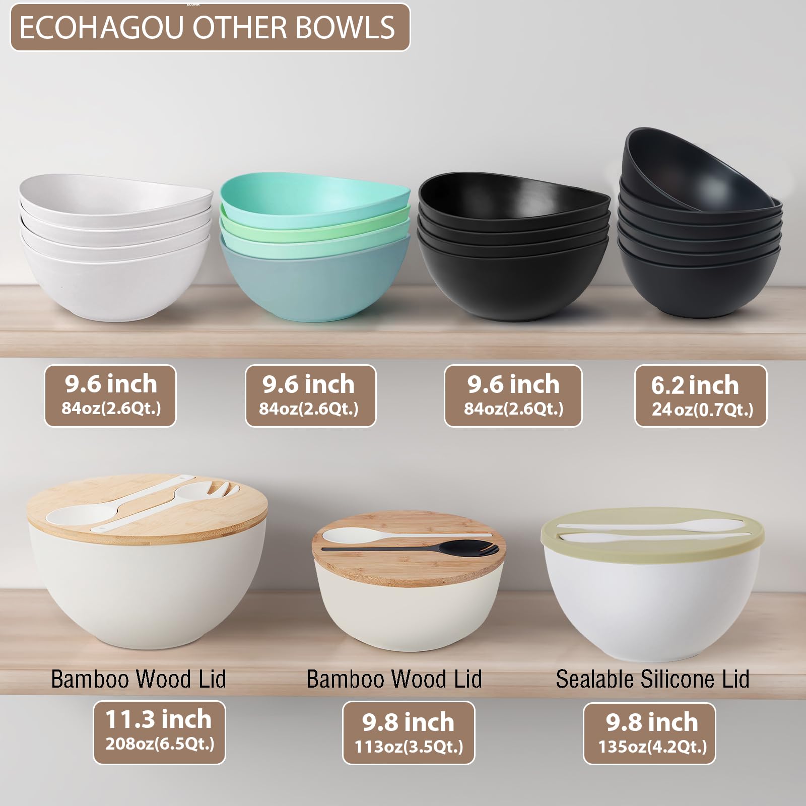 ECOHAGOU 11.3" Extra Large Salad Serving Bowl Set with Wooden Lid&Utensils, 6.5Qt., Bamboo Fiber Salad Bowl with Servers for Kitchen, Lightweight Big Bowl for Mixing Salad,Fruit,Pasta - Matte White