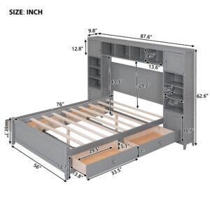 Harper & Bright Designs Full Storage Bed with Bookcase Headboard, Full Size Platform Bed with 4 Storage Drawers, Solid Wood Full Bed Frame with Cabinet and Shelf, No Box Spring Needed (Gray)