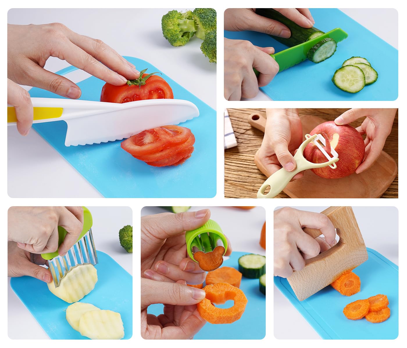 Kids Knives Set for Real Cooking - Toddler Knife Set with Cutting Board, Kids Safe Knife, Peeler, Plastic Potato Slicers, Fruit Cutters and Fork Picks for Kitchen