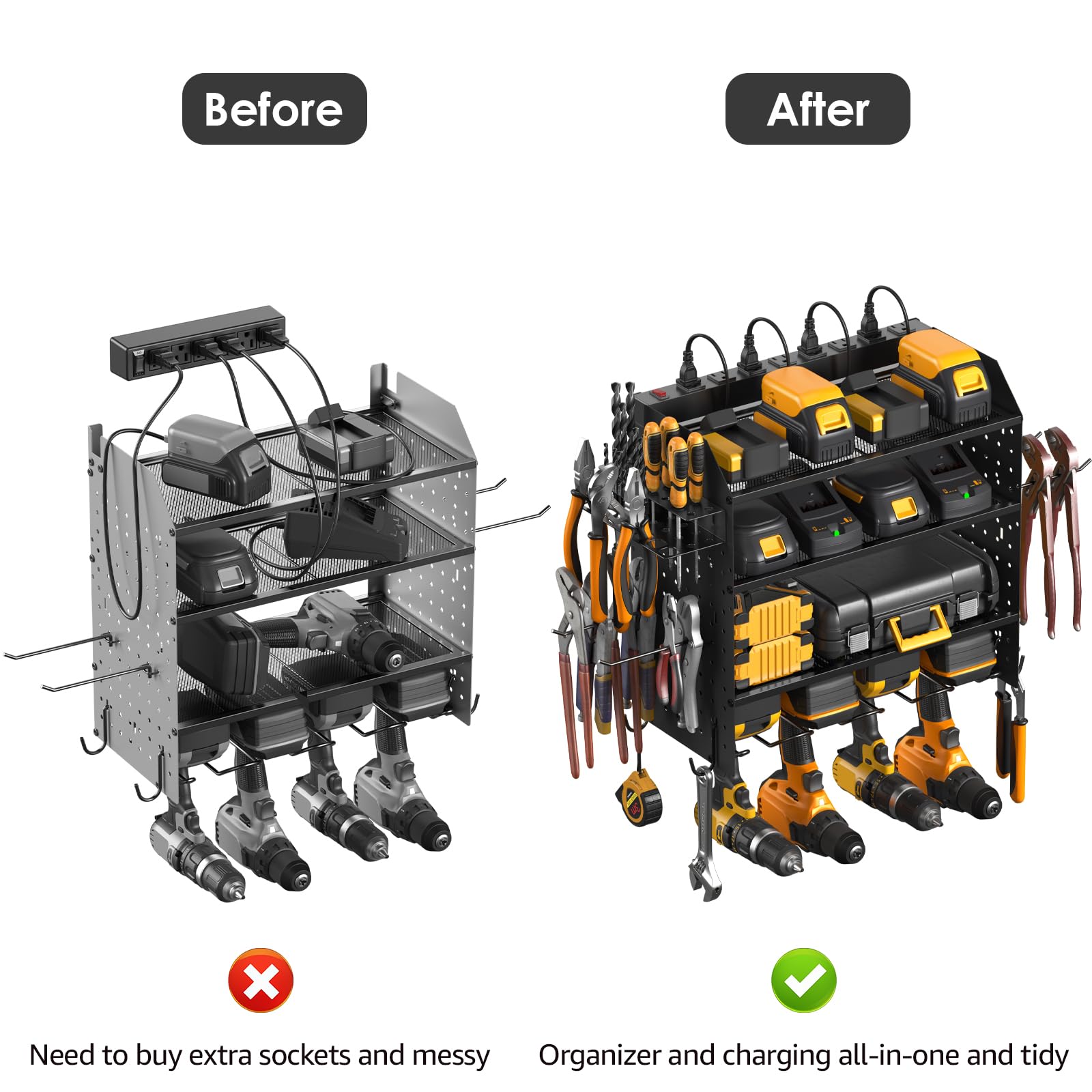 CCCEI Modular Pegboard Rack Power Tool Organizer with Charging Station. 4 Layer Wall Mount Drill Holder, Mechanic Tool Battery Charger Organizer. Garage Shop Storage Utility Shelf with Power Strip.