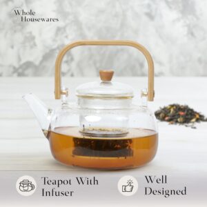 WHOLE HOUSEWARES Glass Teapot with Infuser - Borosilicate Glass Tea Kettle with Bamboo Lid - Clear Tea Pot - Dishwasher & Stovetop Friendly - Microwave Safe - Tea Lovers Gift Cups